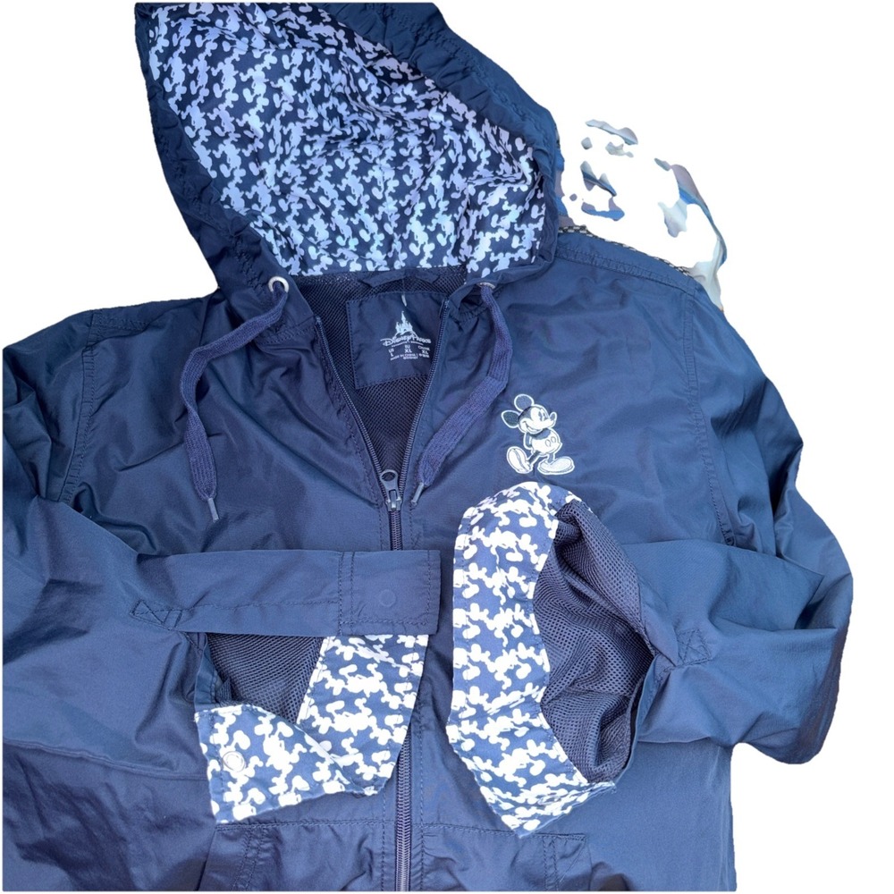 Disney Parks Windbreaker Jacket Large Rain Coat Mickey Mouse Navy Hood Unisex.
